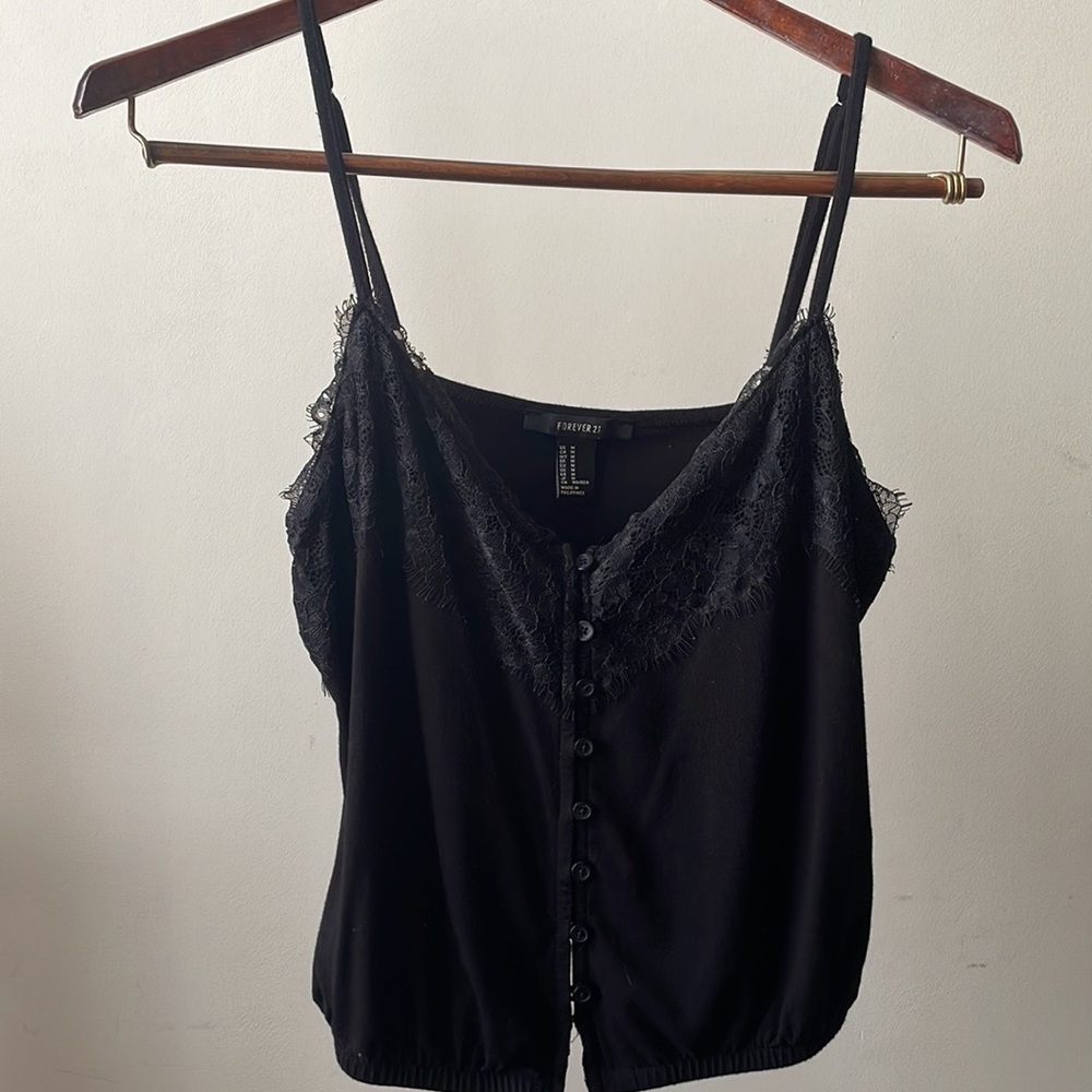 Forever 21 Black Mini Cinched Waist Lace Cami Button Up Tank Top- Size Medium
